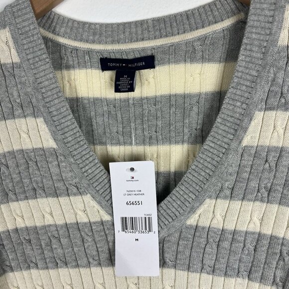 TOMMY HILFIGER Striped V-Neck Cable Knit Cotton Sweater sz M Y2k Preppy Tennis - Picture 4 of 9
